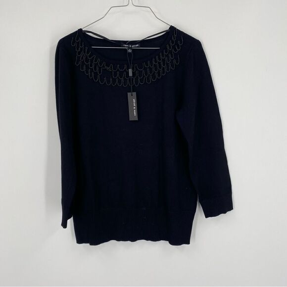 Cable & Gauge Women’s Round Neck 3/4 Sleeve Beaded Front Sweater size M Black - Picture 1 of 3